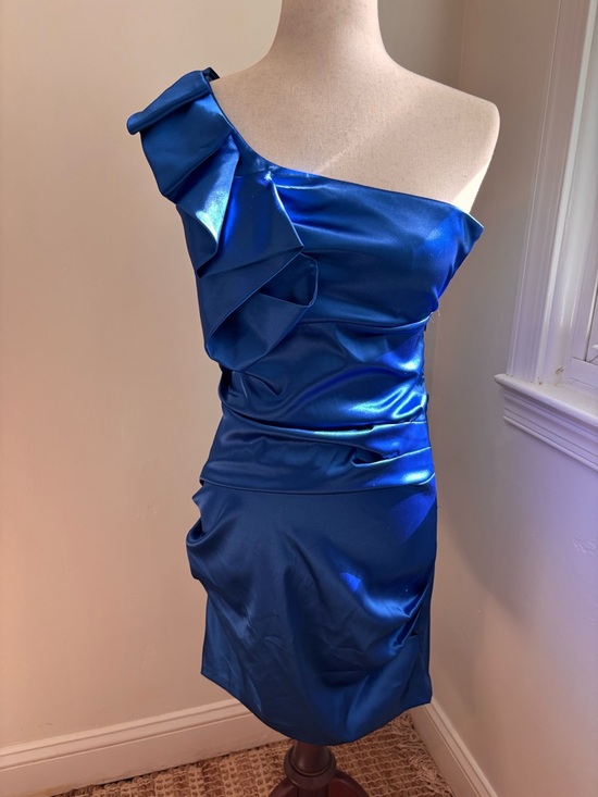 Taboo Dresses & Skirts - NWT Blue Satin One Shoulder Ruffle Cocktail Dress Ruched Mini